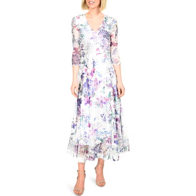 Petite Komarov Floral Charmeuse & Chiffon Dress, White