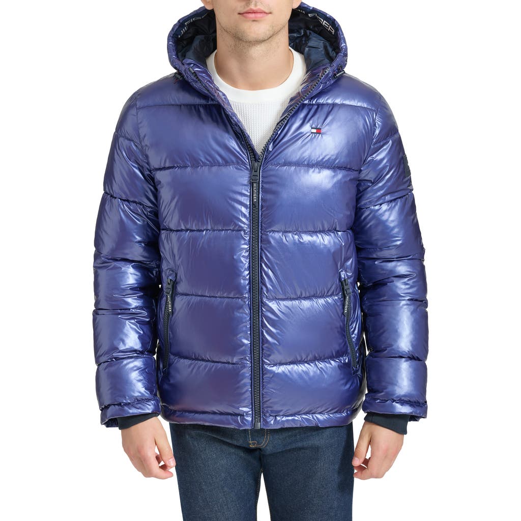 Shop Tommy Hilfiger Quilted Puffer Hooded Mid Length Jacket In Purple