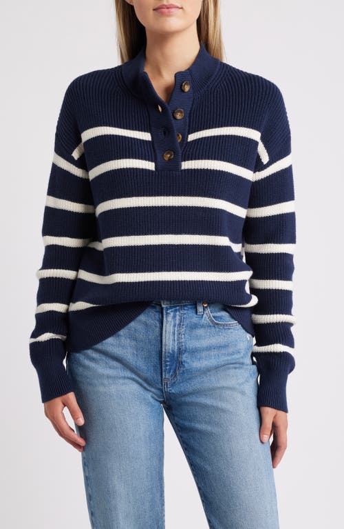 Caslonr Caslon(r) Half Button Pima Cotton Blend Sweater In Navy- Ivory Renee Stripe