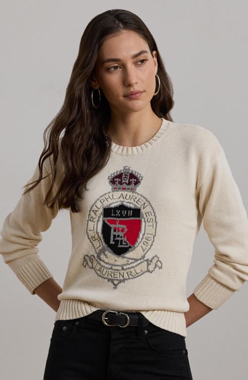 Shop Lauren Ralph Lauren Crest Cotton Graphic Crewneck Sweater In Mascarpone Cream Multi