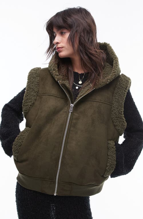 Shop Topshop Hooded Faux Shearling Vest In Khaki