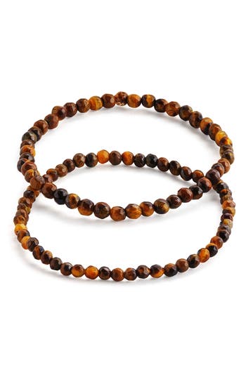 Sterling Forever Stone 2-pack Beaded Stretch Bracelets In Tigers Eye