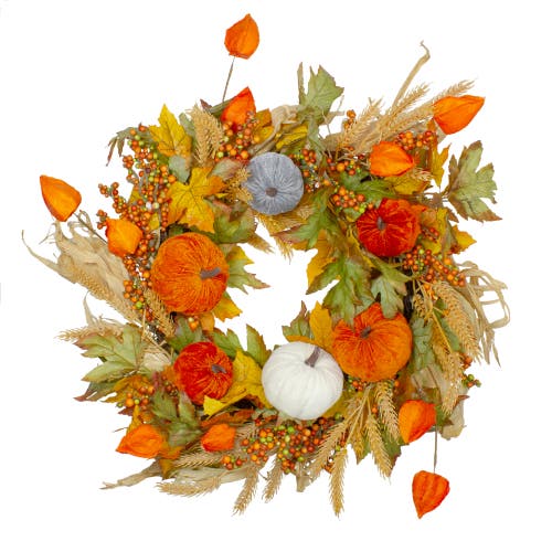 Northlight Velvet Pumpkins And Wheat Artificial Fall Harvest Wreath In Orange