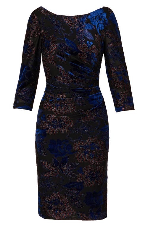 Shop Adrianna Papell Floral Metallic Drape Back Three-quarter Sleeve Midi Burnout Velvet Sheath Dress In Black/blue