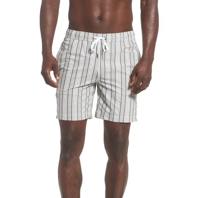 Onia Charles Surf Stripe Seersucker Swim Trunks, Grey