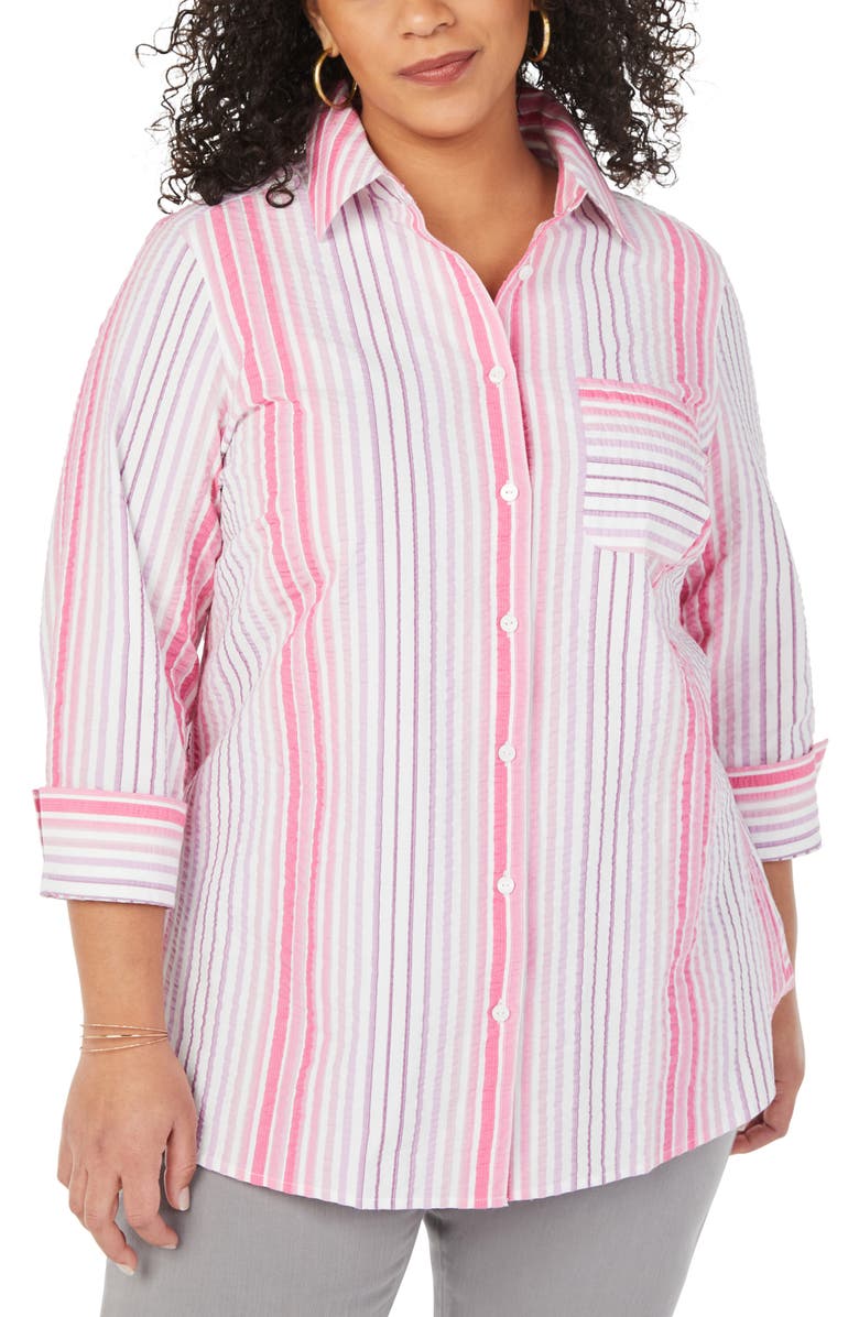 Foxcroft Germaine Crinkle Stripe Cotton Tunic Shirt | Nordstrom