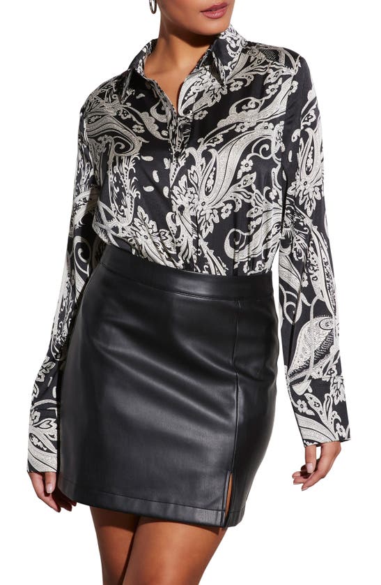 Shop Vici Collection Kendra Print Satin Button-up Shirt In Black/ Multi