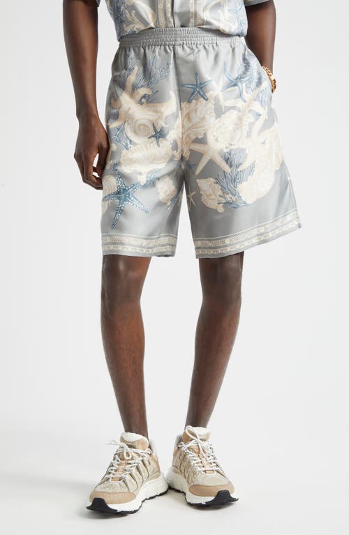 Versace Barocco Sea Print Silk Twill Shorts In Cocrete Dusty Blue Bone