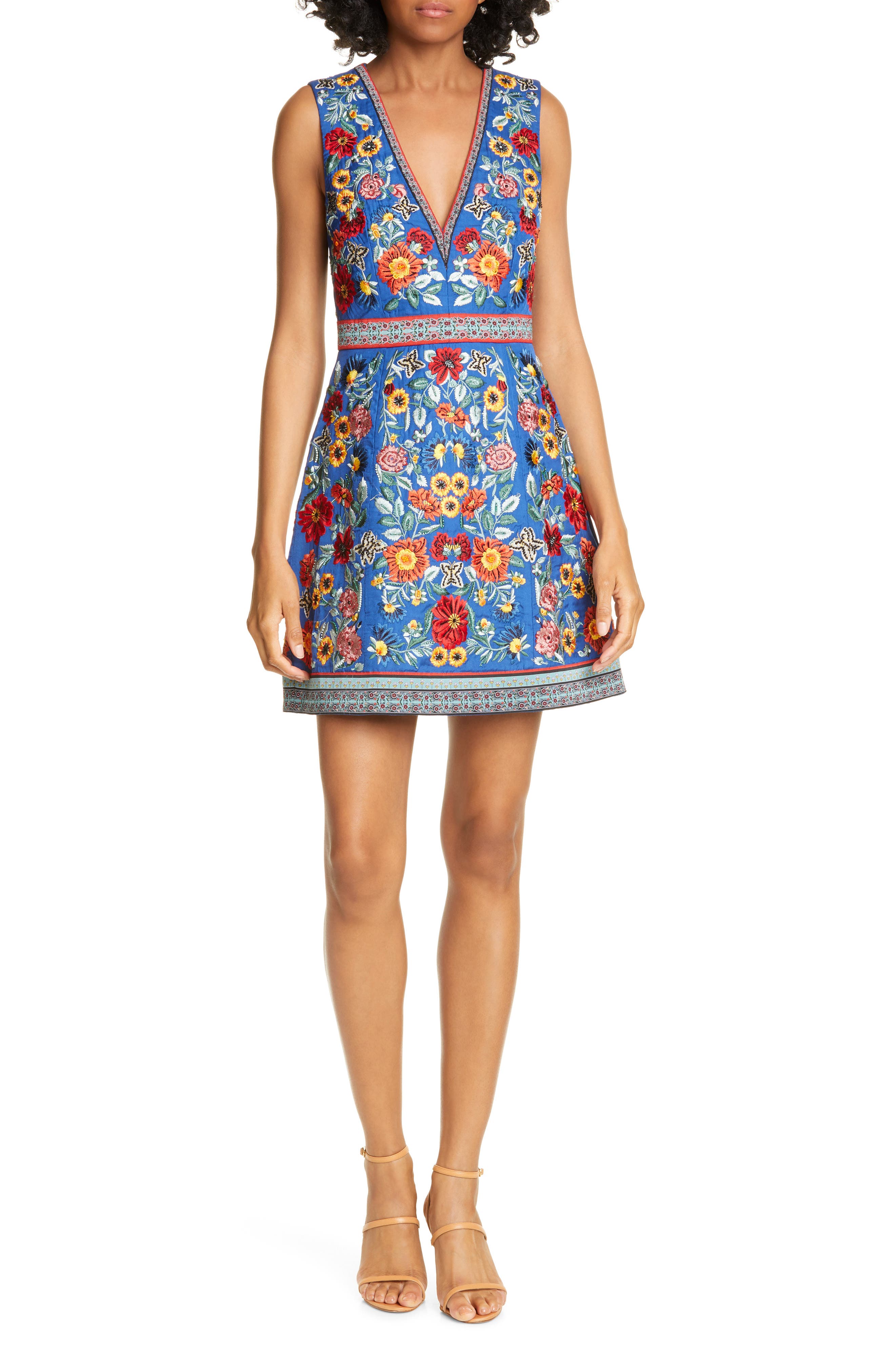Alice + Olivia Patty Embroidered A-Line Dress, Blue