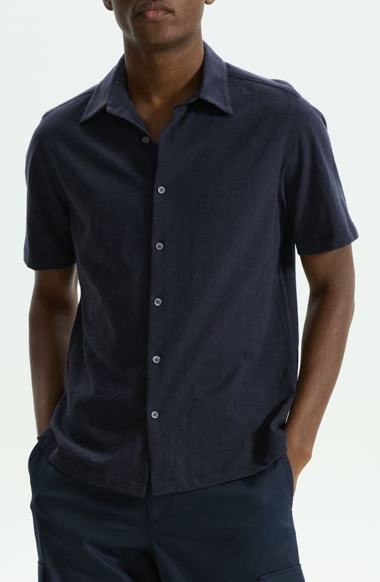 Shop Theory Noran Short Sleeve Knit Button-up Shirt In Eclipse