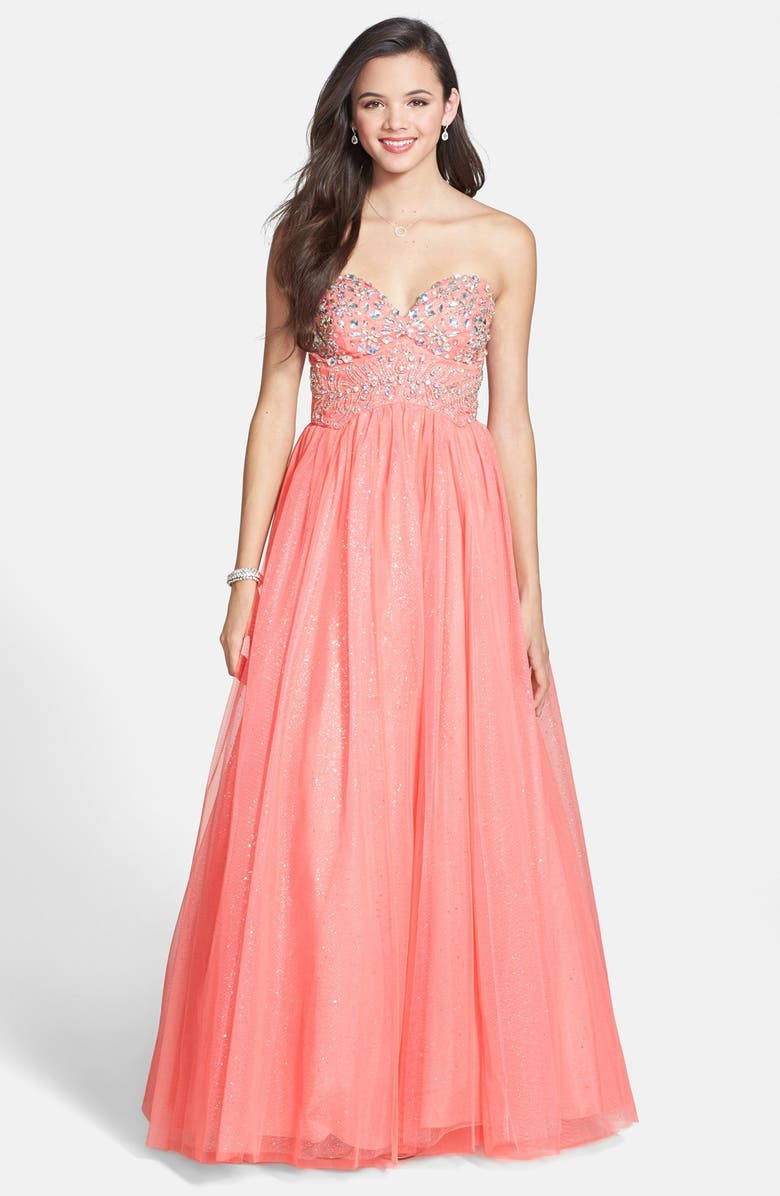 Way-In Crystal Embellished Glitter Ballgown (Juniors) | Nordstrom