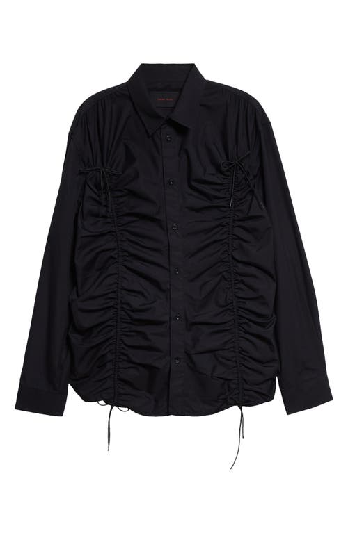 Classic Fit Drawstring Ruched Button-Up Shirt in Black