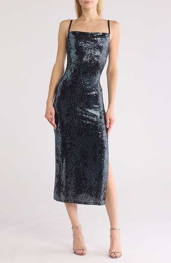 Bebe Zebra Stripe Sequin Cocktail Dress In Black/blue