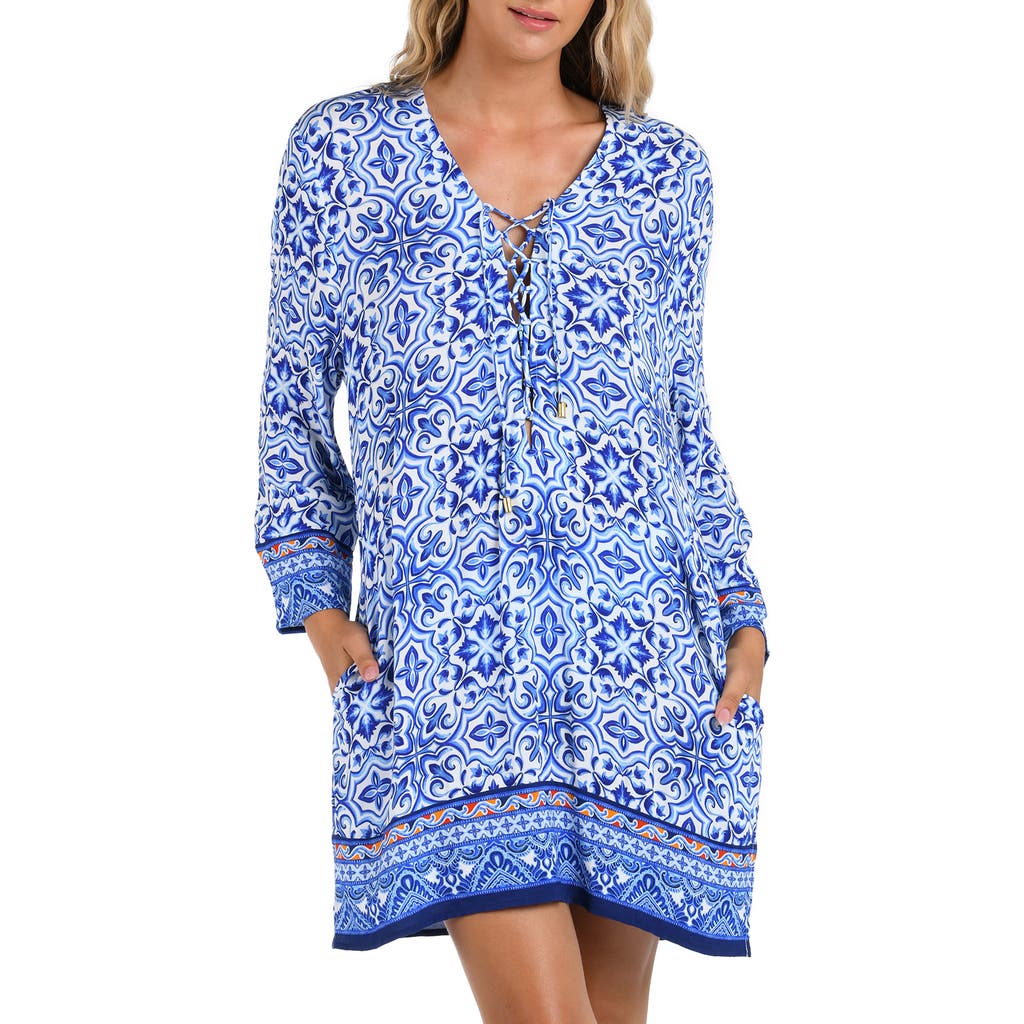 Shop La Blanca Alboran Lace-up Long Sleeve Cover-up Tunic In Blue