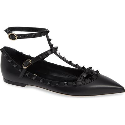 Valentino Garavani Rockstud Double Ankle Strap Pointy Toe Flat, Black