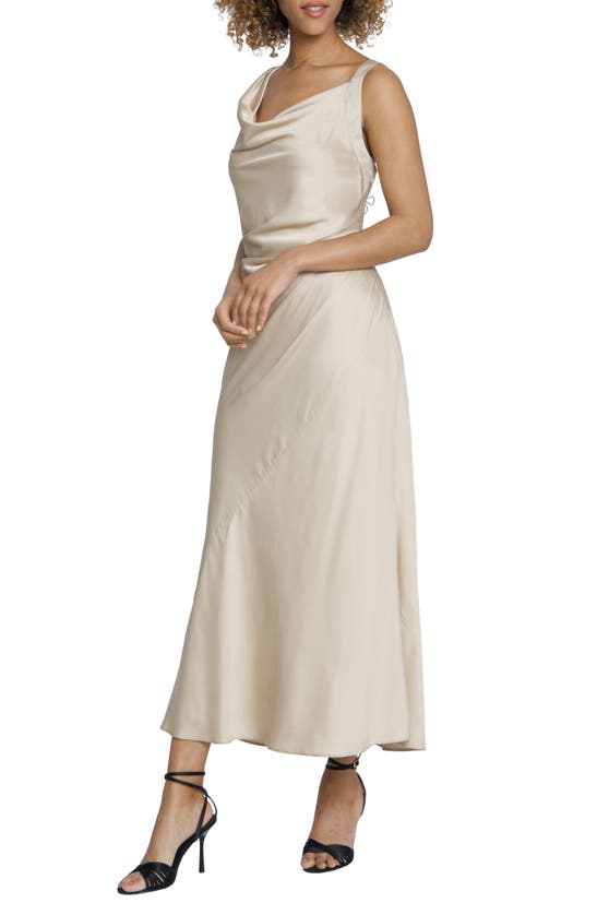 Shop Maggy London Draped Asymmetric Cowl Neck Gown In Champagne