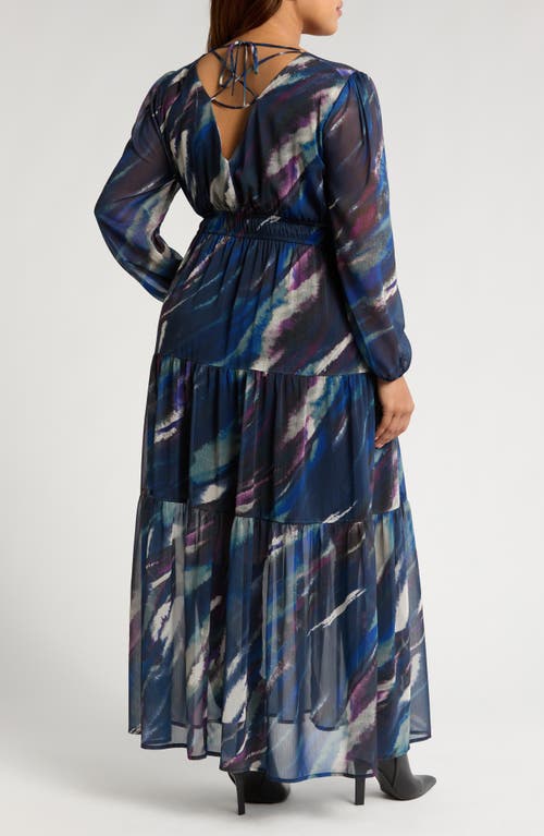 Shop Chelsea28 Tiered Long Sleeve Chiffon Dress In Navy Multi Watercolor