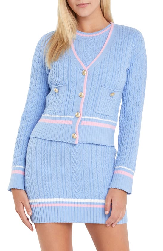 Shop English Factory Stripe Trim Cable Knit Cardigan In Powder Blue