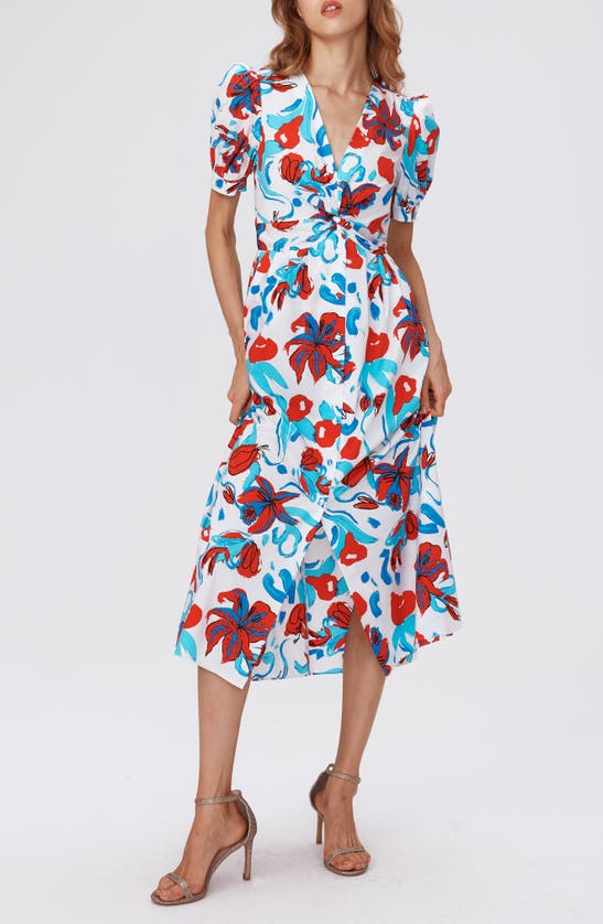 Dvf Heather Floral Puff Sleeve Midi Dress In Brush Floral Red