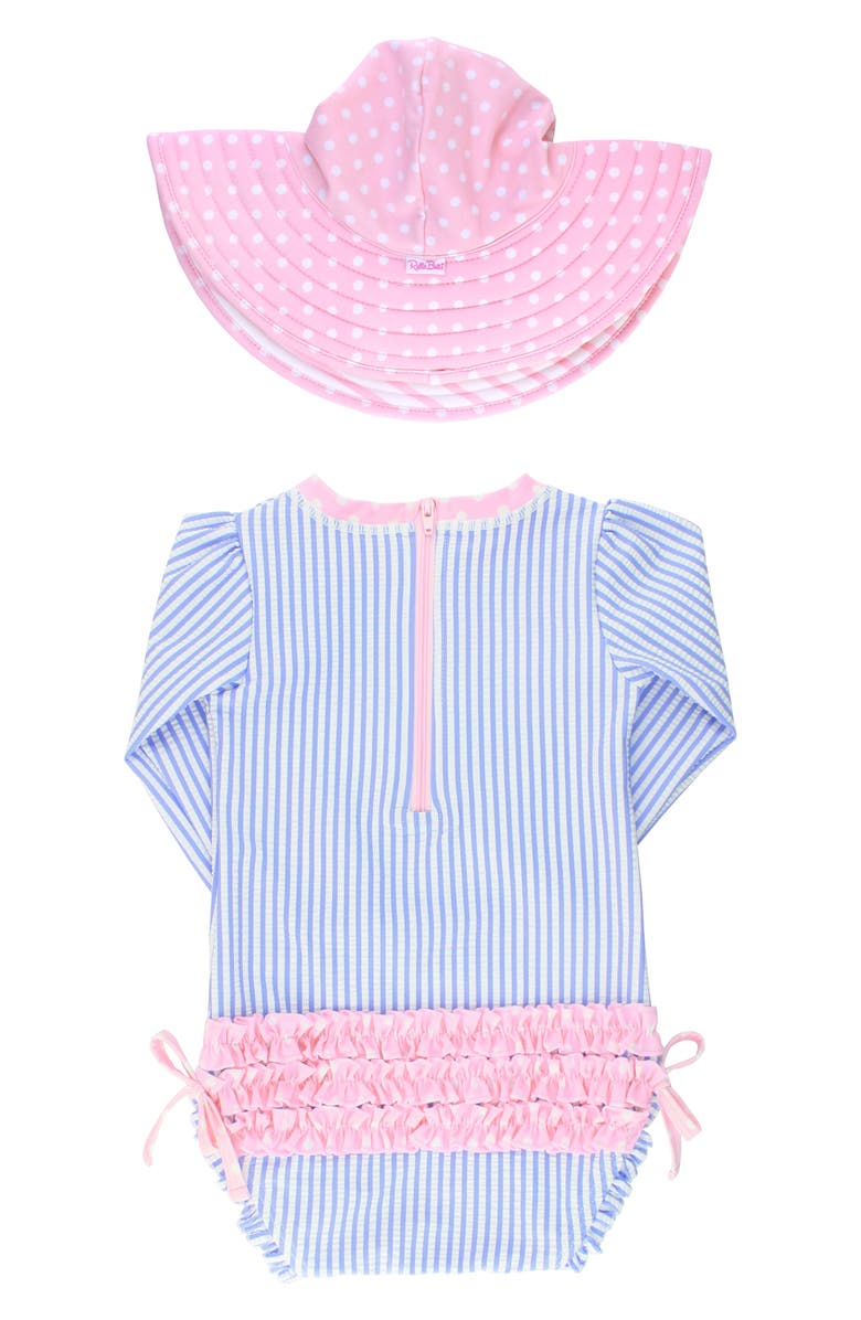 RUFFLEBUTTS Seersucker One-Piece Rashguard Swimsuit & Hat Set, Main, color, BLUE