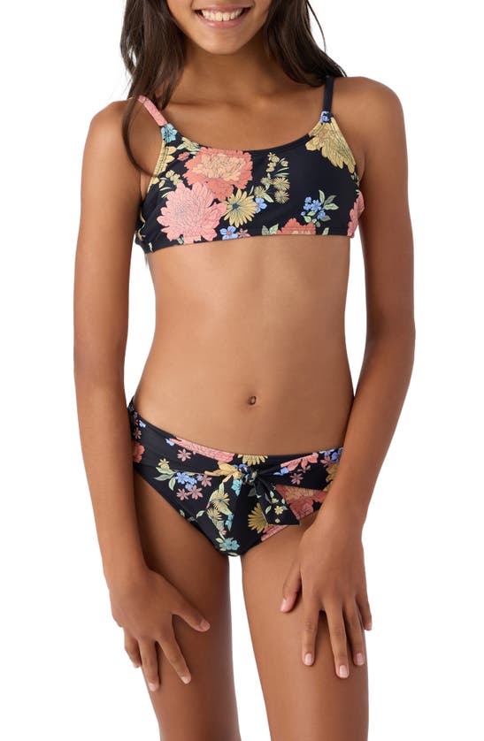 Shop O'neill Kids' Kali Floral Tie Back Two-piece Swimsuit In Black