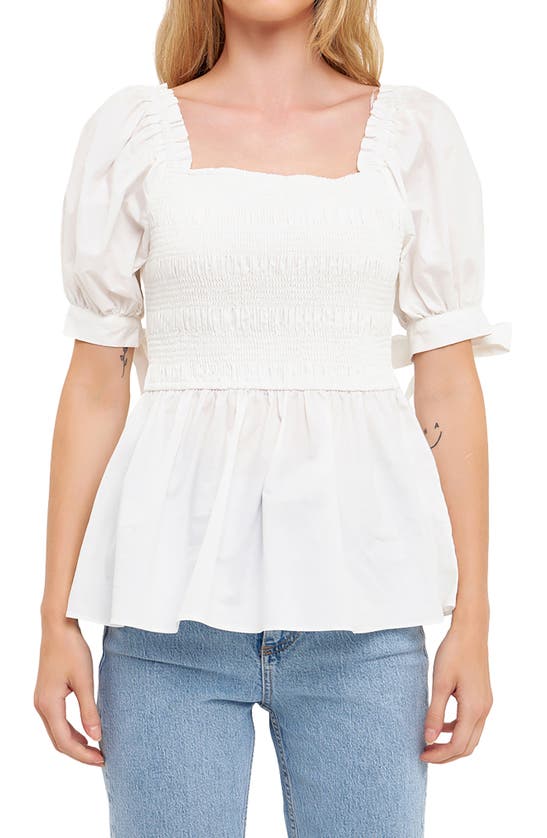 English Factory Smocked Tie Cuff Peplum Top In Ivory