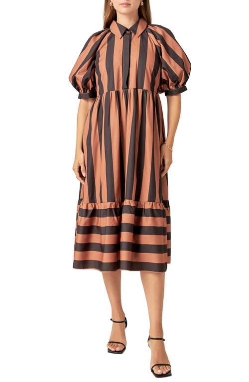 Shop English Factory Bold Stripe Puff Elbow Sleeve Shirtdress In Camel/black