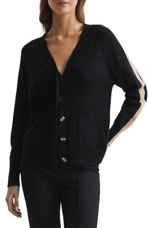 Reiss Amber Stripe Sleeve Cashmere Cardigan in Black/Camel