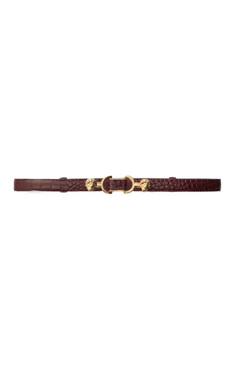 Shop Maje Thin Leather Belt With Lion Bit In Burgundy