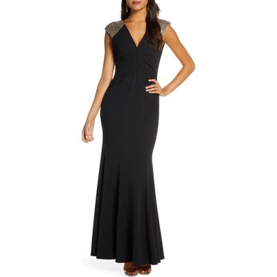 Vince Camuto Sequin Yoke Scuba Crepe Trumpet Gown, Black