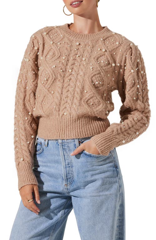 ASTR the Label Imitation Pearl Embellished Cable Stitch Sweater Taupe at Nordstrom,