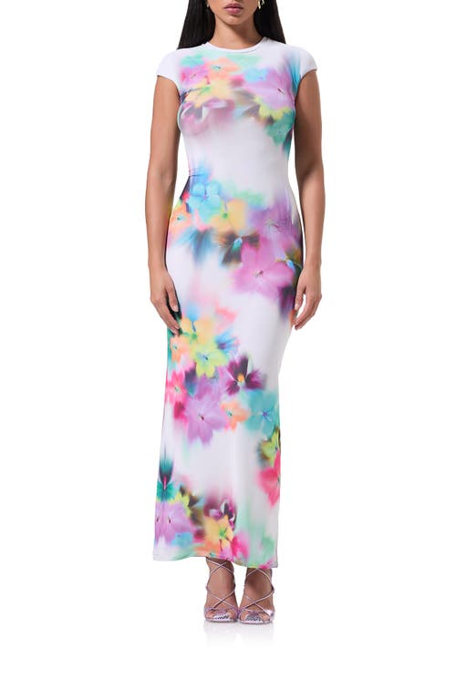 Shop Afrm Cody Print Cap Sleeve Mesh Maxi Dress In Blur Pansy