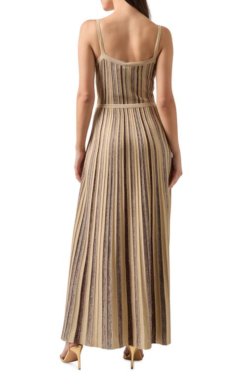 Misook Modern Fit-and-flare Lurex Striped Knit Maxi Dress In Biscotti/mahogany/gold