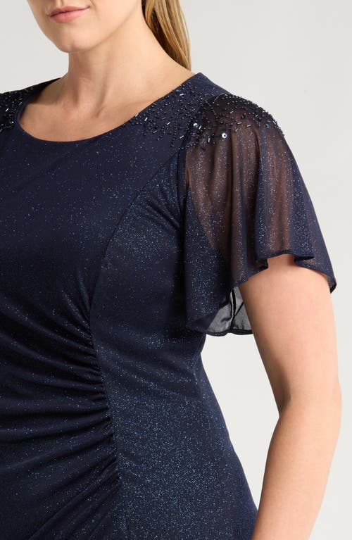 Sl Fashions Plus Size Flutter-sleeve Side-ruched Glitter Gown In Navy