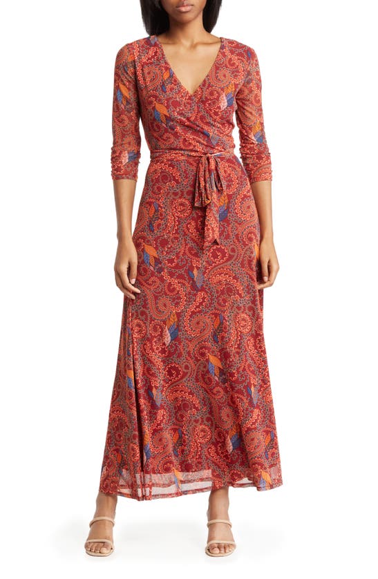 HARLOW & ROSE RUCHED 3/4 SLEEVE FAUX WRAP MAXI DRESS