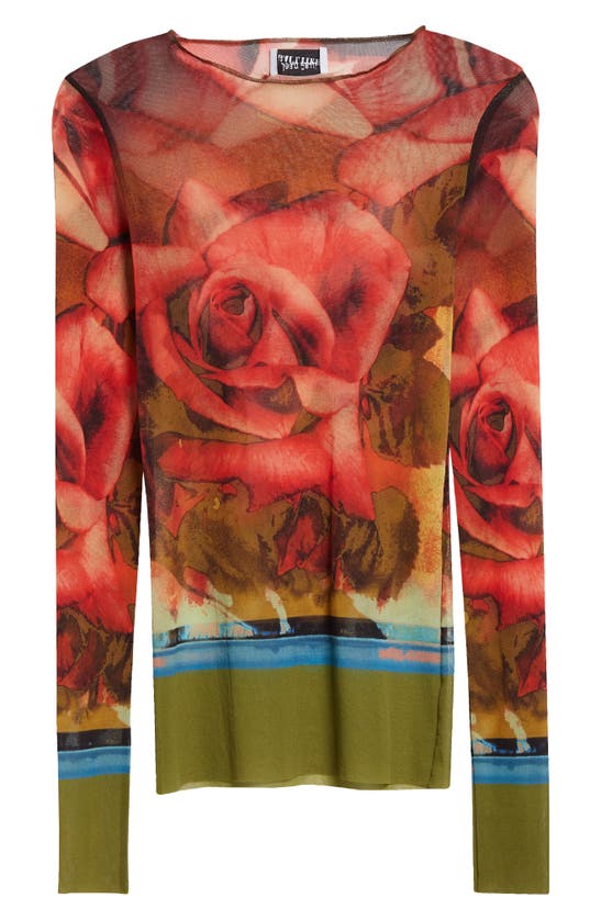Shop Jean Paul Gaultier Rose Print Long Sleeve Mesh Top In Green/ Red/ Blue