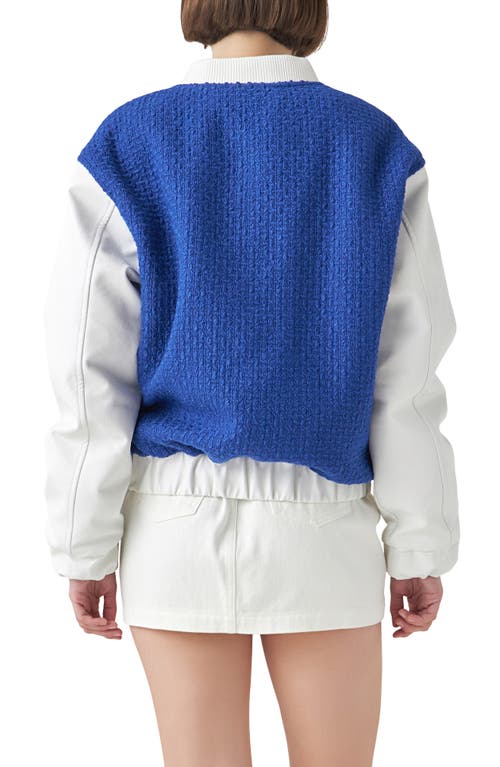 Shop English Factory Tweed & Faux Leather Bomber Jacket In Blue/white