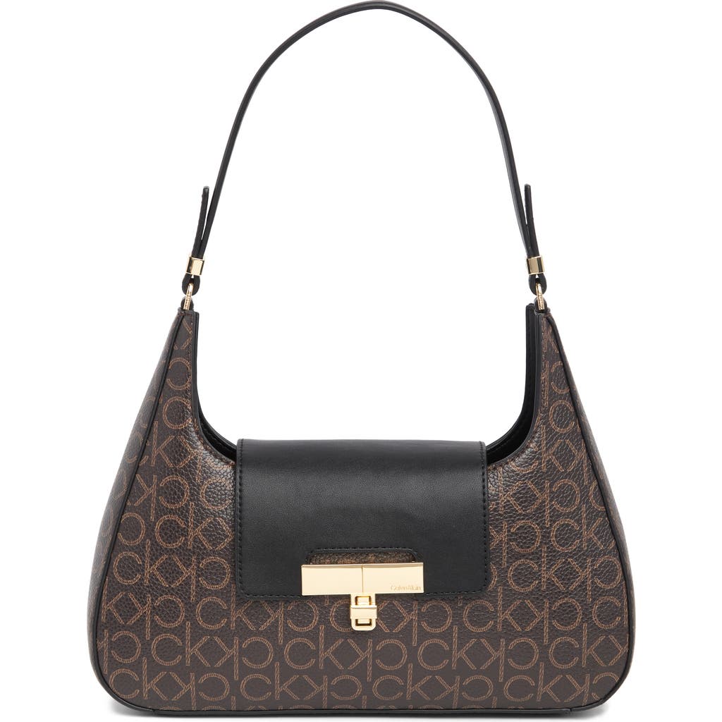 Calvin Klein Becky Small Monogram Shoulder Bag In Brown Khaki/black