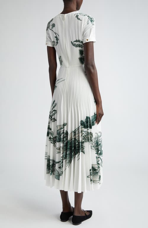 Shop Jason Wu Collection Forest Print Pleated Stretch Crepe Dress In Chalk/emerald