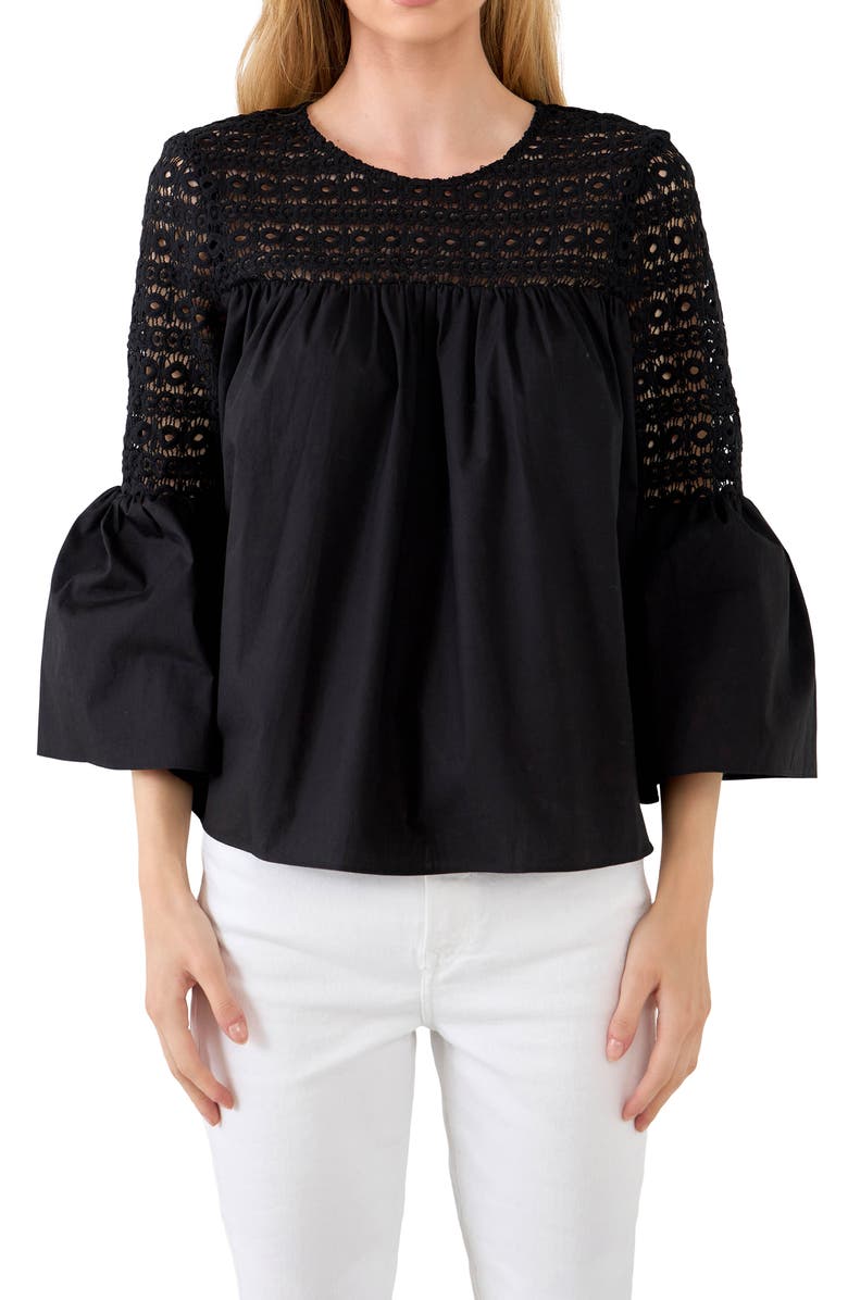 ENDLESS ROSE Bell Sleeve Lace Poplin Blouse, Main, color, BLACK
