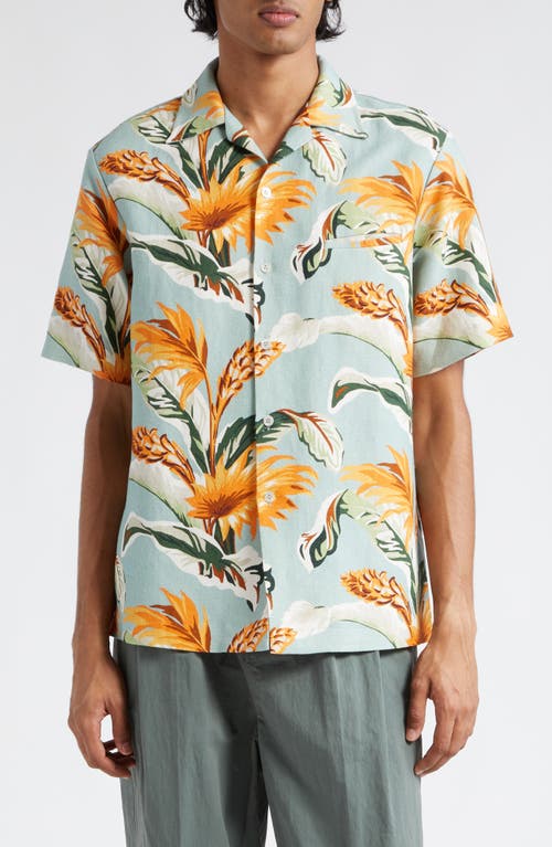 Maison Margiela Tropical Print Short Sleeve Linen & Cotton Button-Up Shirt Sage at Nordstrom, Us