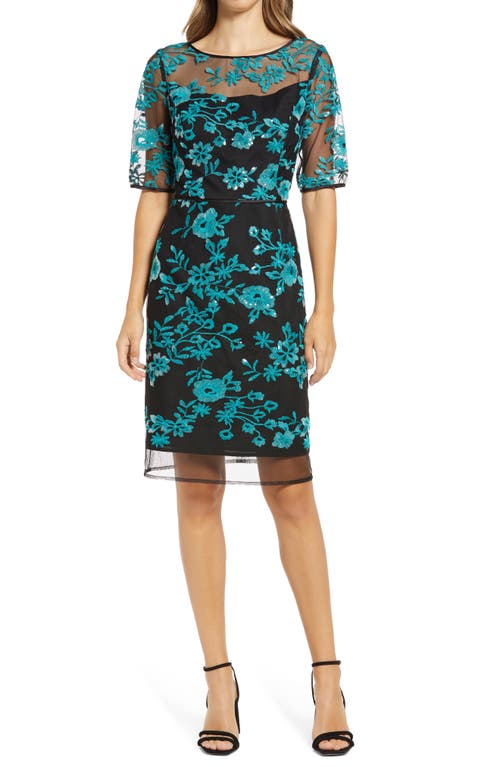 Sequin Floral Embroidered Sheath Dress in Black/Teal