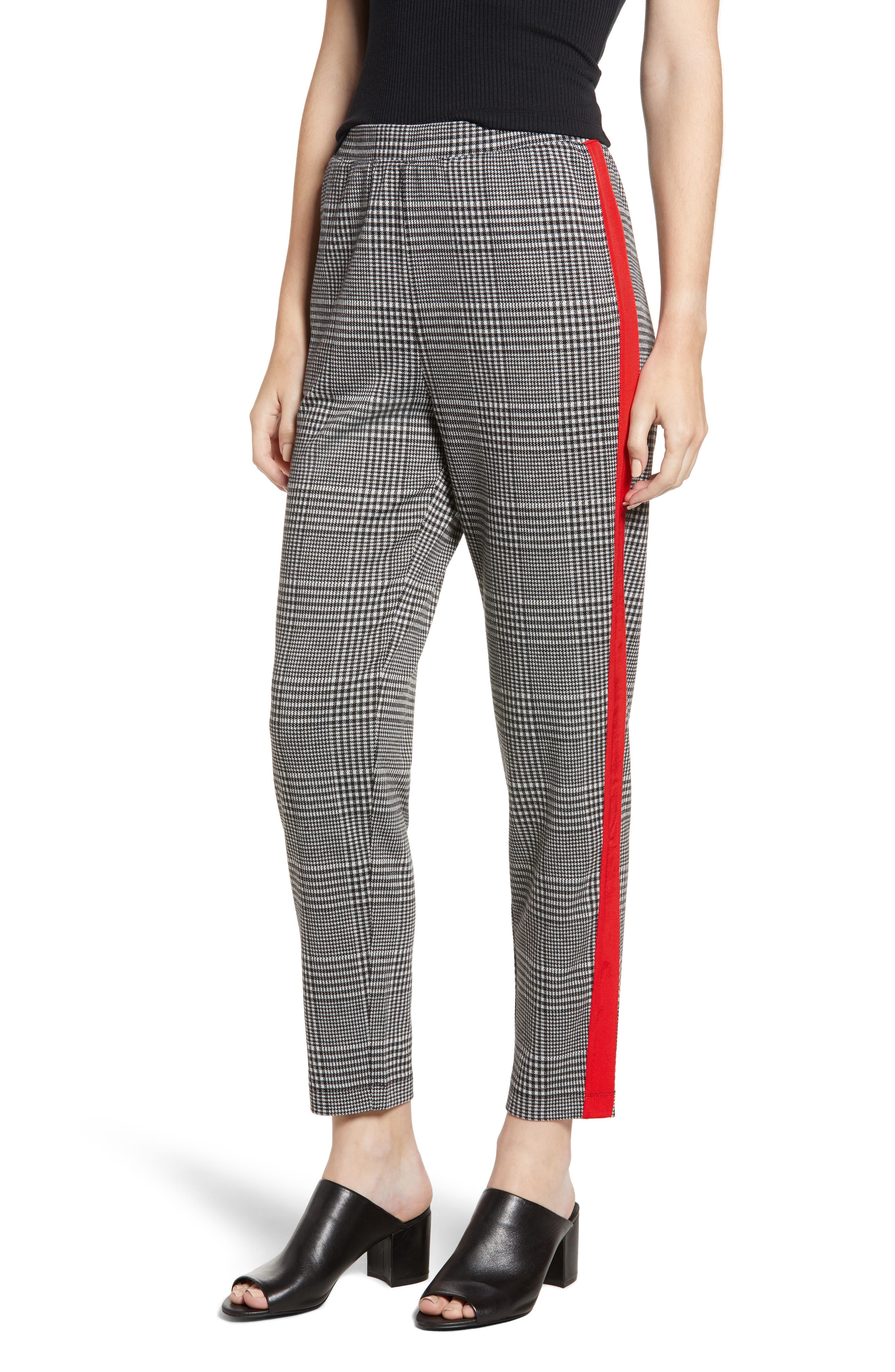 plaid pants with red stripe