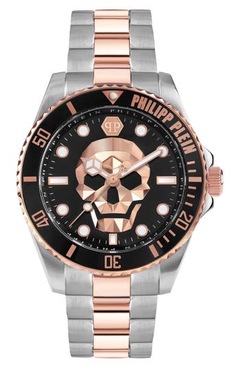 Philipp Plein The $kull Carbon Fiber Dial Bracelet Watch, 44mm In Rose Gold/silver/black