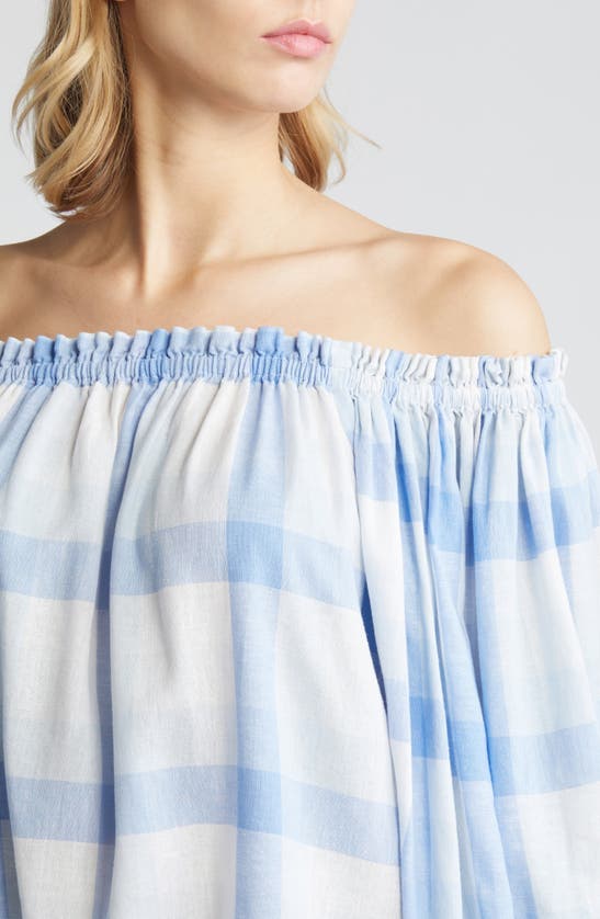 Shop Caslon (r) Check Off The Shoulder Linen Blend Top In Blue- White Multi Check