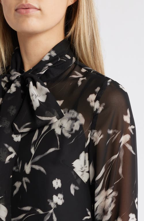 Shop Anne Klein Floral Sheer Tie Neck Button-up Shirt In Anne Black Multi