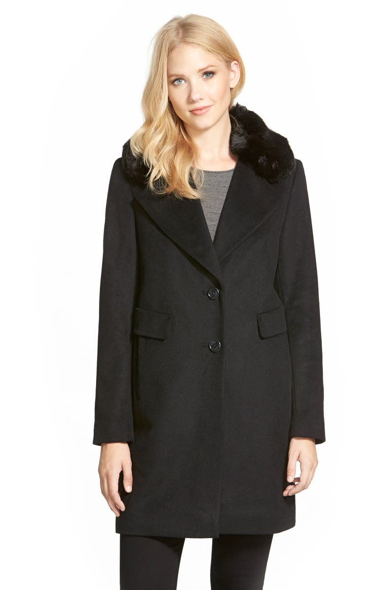 DKNY Faux Fur Trim Wool Blend Reefer Coat | Nordstrom