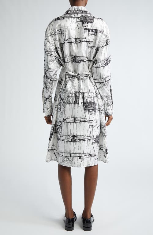 Shop Ferragamo Sailboat Print Long Sleeve Silk Shirtdress In White/nero