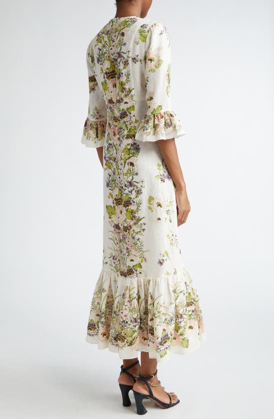 Shop Zimmermann Halliday Floral Frill Sleeve Linen Dress In Cream Multi Floral