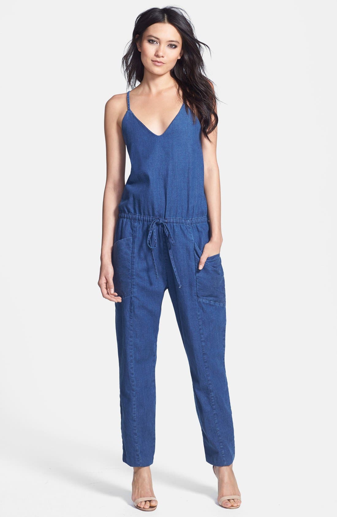 spaghetti strap denim jumpsuit